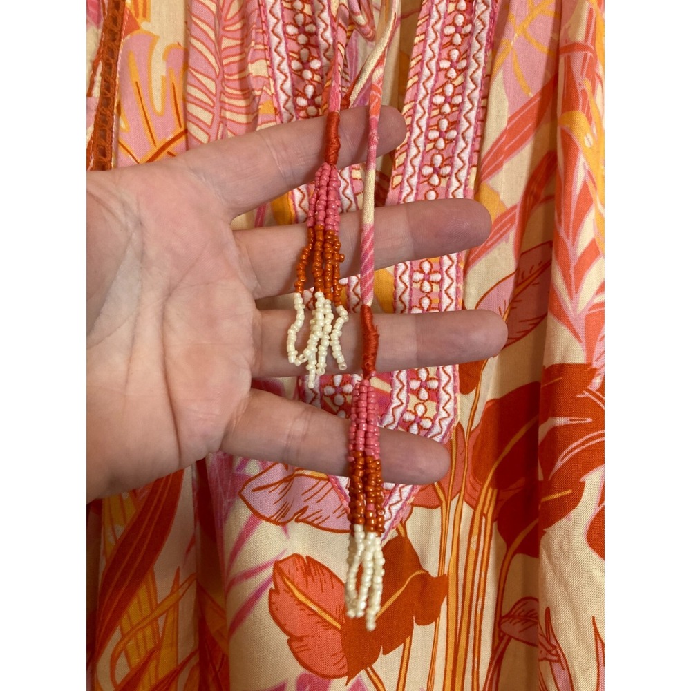 Haute Hippie Peasant Top Womens Medium Beaded Tassels Monstera Print Pink‎ Boho - Picture 3 of 14